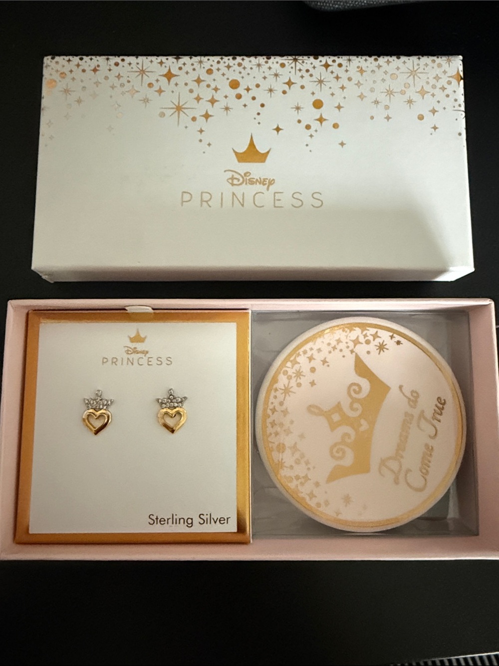 Disney Princess Gold and Silver Heart Crown Earrings Gift Set in Box